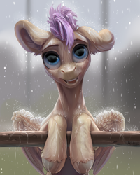 Size: 2400x3000 | Tagged: safe, artist:mithriss, oc, oc only, oc:bulwark, pegasus, pony, high res, male, one ear down, open mouth, open smile, rain, smiling, solo, stallion, wet, wet mane, wings