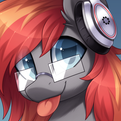 Size: 1000x1000 | Tagged: safe, artist:scarlet-spectrum, oc, oc only, oc:solder point, earth pony, pony, :p, blue eyes, bust, commission, cute, glasses, headphones, male, simple background, solo, stallion, tongue out