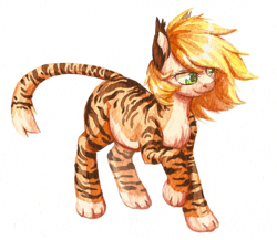 Size: 3511x3054 | Tagged: safe, artist:tigra0118, oc, oc only, earth pony, original species, pony, tiger, tiger pony, blonde mane, colored paws, ear tufts, female, full body, green eyes, high res, looking at something, pale belly, raised hoof, simple background, solo, standing, stripes, tiger stripes, traditional art, walking, watercolor painting, white background