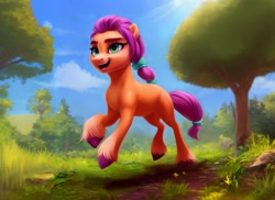 Size: 2816x2048 | Tagged: safe, ai assisted, ai content, generator:cookie sd a12, generator:stable diffusion, prompter:siber, sunny starscout, earth pony, pony, g5, female, forest, grass, happy, high res, mare, running, scenery, smiling, solo, tree, unshorn fetlocks