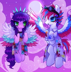 Size: 2947x3000 | Tagged: safe, artist:plushfurby, pipp petals, zipp storm, oc, oc:pipp peroxide, oc:zipp zombie, pegasus, pony, fanfic:cupcakes, fanfic:rainbow factory, g5, alternate hairstyle, alternate universe, blood, clothes, costume, creepypasta, fanfic art, female, female to male, flying, goggles, high res, male, mare, moon, night, night sky, nightmare night, nightmare night costume, rule 63, scene kid, siblings, sky, stallion, zip cyclone