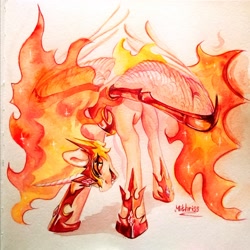 Size: 1728x1729 | Tagged: safe, artist:mithriss, daybreaker, alicorn, pony, g4, armor, fangs, female, fire, folded wings, grin, helmet, hoof shoes, looking at you, mane of fire, mare, open mouth, simple background, smiling, traditional art, watercolor painting, wings