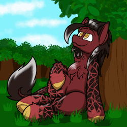 Size: 1000x1000 | Tagged: safe, artist:aryn, oc, oc:guts, dracony, dragon, hybrid, pony, animated, blinking, chest fluff, gif, leaf, leonine tail, looking up, sitting, sky, solo, tail, tree, two toned mane