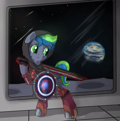 Size: 5000x5040 | Tagged: safe, artist:appleneedle, oc, bat pony, pony, athena, borderlands, clothes, commission, cosplay, costume, moon, shield, space, station, sword, weapon