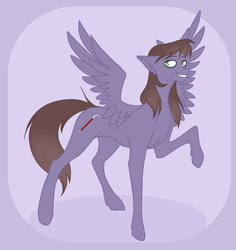Size: 1683x1780 | Tagged: safe, artist:gera_frey, oc, oc only, oc:crow bar, pegasus, pony, commission, ear fluff, full body, green eyes, looking at you, male, pegasus oc, raised hoof, simple background, slender, smiling, smiling at you, solo, spread wings, stallion, tail, thin, wings