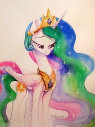 Size: 1728x2304 | Tagged: safe, artist:mithriss, princess celestia, alicorn, pony, g4, crown, ethereal mane, ethereal tail, female, folded wings, jewelry, mare, regalia, solo, tail, traditional art, watercolor painting, wings