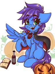 Size: 1668x2218 | Tagged: safe, artist:falafeljake, oc, oc only, oc:nova twinkle, pony, book, bottle, chest fluff, halloween, holiday, jack-o-lantern, pumpkin, simple background, solo, white background