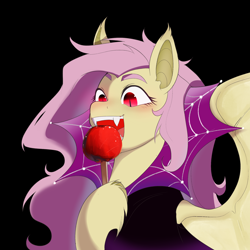 Size: 2048x2048 | Tagged: safe, artist:aztrial, fluttershy, bat pony, pony, g4, apple, black background, candy apple, cape, clothes, cute, eating, fangs, female, flutterbat, food, herbivore, high res, mare, open mouth, race swap, shyabates, shyabetes, simple background, solo, unshorn fetlocks