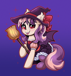 Size: 3300x3511 | Tagged: safe, artist:confetticakez, oc, oc only, oc:sweet velvet, bat pony, pony, broom, clothes, costume, dress, female, halloween, halloween costume, hat, heart, heart eyes, high res, mare, smiling, socks, solo, spread wings, stockings, thigh highs, wingding eyes, wings, witch, witch hat