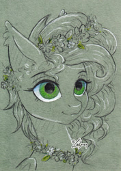 Size: 1024x1444 | Tagged: safe, artist:lailyren, oc, oc only, pony, floral head wreath, flower, freckles, solo, traditional art