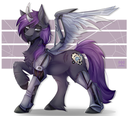 Size: 2200x2000 | Tagged: safe, artist:kwiateko, oc, oc:vincent, alicorn, earth pony, pony, amputee, beard, facial hair, full body, high res, horn, male, prosthetic limb, prosthetics, purple hair, scar, simple background, spread wings, stallion, standing, wings