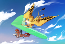 Size: 3646x2500 | Tagged: safe, artist:28gooddays, oc, oc only, oc:beaky, oc:sivka, earth pony, griffon, pony, fanfic:yellow feathers, beak, coat markings, couple, duo, female, flying, griffon oc, hang glider, high res, male, paw pads, paws, shipping, sky, socks (coat markings)