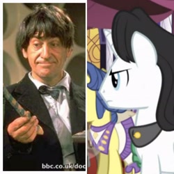 Size: 2880x2880 | Tagged: safe, black marble, human, pony, unicorn, g4, the best night ever, background pony, bowtie, clothes, comparison, doctor who, frock coat, high res, irl, irl human, male, photo, recorder, second doctor, shirt, stallion
