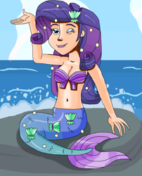 Size: 1122x1387 | Tagged: safe, artist:ocean lover, rarity, human, mermaid, g4, bare shoulders, beach, beautiful, belly, belly button, blue eyes, boulder, bra, breasts, cleavage, clothes, cloud, costume, darling, disney style, dress, eyeliner, fabulous, female, fins, fish tail, girly girl, hair ornament, halloween, halloween costume, human coloration, humanized, lips, looking at you, makeup, mermaid tail, mermaidized, mermarity, midriff, nightmare night costume, ocean, one eye closed, outdoors, pose, pretty, purple hair, rarity's mermaid dress, rock, seashell, seashell bra, shell, shiny skin, sitting, solo, species swap, tail, tail fin, water, wink, winking at you