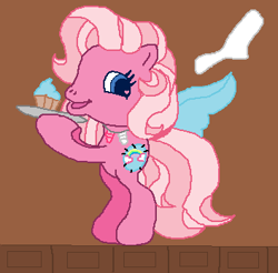 Size: 353x348 | Tagged: safe, pinkie pie (g3), earth pony, pony, fanfic:cupcakes, g3, g3.5, character swap, cupcake, cutie mark theft, female, food, frosting, heart, heart eyes, holding, horn, horn theft, horse meat, implied death, implied murder, jewelry, looking at you, mare, meat, necklace, open mouth, open smile, pixelated, plate, rainbow dash's cutie mark, smiling, solo, stitches, wing theft, wingding eyes, wings