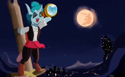 Size: 4530x2800 | Tagged: safe, artist:tazool, ocellus, changeling, mlp fim's twelfth anniversary, g4, canterlot, clothes, cookie run, cosplay, costume, female, mare in the moon, moon, night, nightmare night, one eye closed, open mouth, pirate, ponyville, solo, sorbet shark cookie, stars, telescope