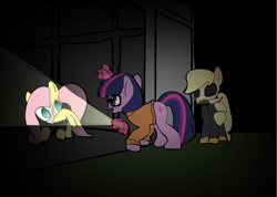 Size: 1772x1260 | Tagged: safe, artist:sanav1, applejack, fluttershy, twilight sparkle, mlp fim's twelfth anniversary, g4, clothes, cosplay, costume, darkness, flashlight (object), halloween (movie), michael myers, phantom of the opera, scooby-doo!, velma dinkley