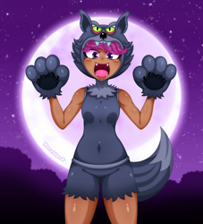 Size: 2000x2200 | Tagged: safe, artist:morestar, scootaloo, human, g4, animal costume, breasts, clothes, costume, fangs, halloween, halloween costume, high res, holiday, humanized, looking at you, moderate dark skin, open mouth, paw gloves, scootawolf, wolf costume