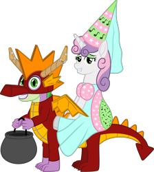 Size: 6625x7382 | Tagged: safe, artist:moonlight bloom, spike, sweetie belle, dragon, pony, unicorn, g4, .svg available, absurd resolution, bipedal, clothes, costume, dragon costume, dress, female, filly, foal, hat, hennin, lidded eyes, looking at you, male, nightmare night, nightmare night costume, older, older spike, older sweetie belle, ponies riding dragons, princess, princess costume, princess sweetie belle, quadsuit, riding, simple background, smiling, sweetie belle riding spike, tape, teenage spike, teenage sweetie belle, teenaged dragon, teenager, transparent background, two-person costume, vector