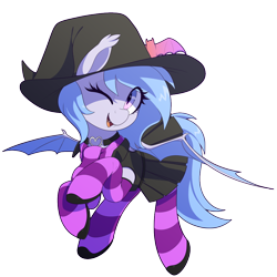 Size: 1000x1000 | Tagged: safe, artist:thebatfang, oc, oc only, oc:lucky roll, bat pony, pony, bat pony oc, choker, clothes, cute, dress, eye clipping through hair, female, hat, looking at you, ocbetes, one eye closed, scarf, simple background, socks, solo, spread wings, striped scarf, striped socks, transparent background, wings, wink, winking at you, witch costume, witch hat