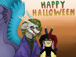 Size: 1034x772 | Tagged: safe, artist:frikiflash, discord, fluttershy, draconequus, pegasus, pony, g4, antlers, clothes, costume, dc comics, duo, duo male and female, eyebrows, female, gradient background, grin, halloween, halloween costume, harley quinn, holiday, horn, jokercord, looking at you, makeup, male, mare, peace sign, ship:discoshy, shipping, smiling, smiling at you, spread wings, straight, the joker, wings