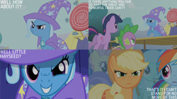 Size: 4400x2475 | Tagged: safe, edit, edited screencap, editor:quoterific, screencap, applejack, candy mane, lyra heartstrings, rainbow dash, spike, trixie, twilight sparkle, dragon, earth pony, pony, unicorn, boast busters, g4, applejack is not amused, applejack's hat, boasting, cape, clothes, cowboy hat, female, freckles, frown, grin, hat, male, mare, open mouth, smiling, spike is not amused, trixie's brooch, trixie's cape, trixie's hat, unamused