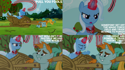 Size: 4400x2475 | Tagged: safe, edit, edited screencap, editor:quoterific, screencap, snails, snips, trixie, pony, unicorn, g4, magic duel, alicorn amulet, bucktooth, cart, colt, don't trust wheels, evil trixie, female, foal, frown, magic, male, mare, open mouth, sweat, telekinesis, that pony sure does hate wheels, trio, wheels trixie
