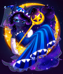 Size: 1280x1503 | Tagged: safe, artist:astralblues, princess luna, alicorn, pony, collaboration:nightmare night event (2022), g4, chest fluff, clothes, collaboration, cookie run, cosplay, costume, crescent moon, dress, ear tufts, female, key, looking at you, mare, moon, moonlight cookie, smiling, smiling at you, solo, tangible heavenly object