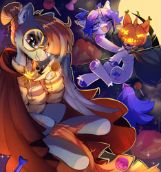 Size: 1280x1366 | Tagged: safe, artist:astralblues, oc, oc only, oc:solstice breeze, pegasus, pony, unicorn, candy, cape, clothes, food, glasses, halloween, holiday, jack-o-lantern, moon, pocket watch, pumpkin, scythe