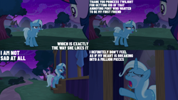 Size: 4400x2475 | Tagged: safe, edit, edited screencap, editor:quoterific, screencap, trixie, twilight sparkle, alicorn, pony, unicorn, g4, no second prances, blatant lies, crying, duo, duo female, eyes closed, female, frown, implied starlight glimmer, mare, open mouth, sad, twilight sparkle (alicorn)