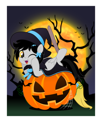 Size: 4188x5000 | Tagged: safe, artist:jhayarr23, oc, oc only, oc:lightning dee, bat, pegasus, pony, broom, cape, clothes, commission, fangs, female, folded wings, halloween, hat, holiday, jack-o-lantern, mare, moon, night, night sky, one eye closed, pumpkin, sky, solo, spider web, tree, wings, wink, witch hat, ych result