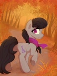 Size: 2700x3600 | Tagged: safe, artist:stravy_vox, octavia melody, earth pony, pony, g4, autumn, clothes, female, forest, high res, looking at you, mare, scarf, solo