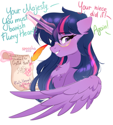 Size: 2055x2266 | Tagged: safe, artist:spoosha, twilight sparkle, alicorn, pony, g4, bust, chest fluff, crystal heart, dialogue, glasses, glowing, glowing horn, heart, heart eyes, high res, horn, implied flurry heart, letter, levitation, magic, magic aura, offscreen character, quill, simple background, solo, sweat, sweatdrops, telekinesis, twilight sparkle (alicorn), white background, wingding eyes