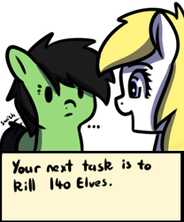 Size: 381x459 | Tagged: safe, artist:neuro, oc, oc only, oc:aryanne, oc:filly anon, earth pony, pony, ..., duo, female, filly, foal, mare, open mouth, quest, runescape, simple background, smiling, text box, transparent background
