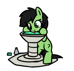 Size: 490x468 | Tagged: safe, artist:neuro, oc, oc only, oc:filly anon, earth pony, pony, bipedal, bipedal leaning, bottle, drinking, female, filly, foal, fountain, lapping, leaning, runescape, simple background, solo, tongue out, transparent background, water