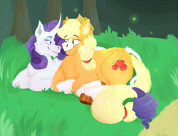 Size: 2147x1644 | Tagged: safe, artist:electricalpawz, applejack, rarity, earth pony, pony, unicorn, g4, cuddling, female, lesbian, looking at each other, looking at someone, lying down, prone, ship:rarijack, shipping, smiling, smiling at each other, unshorn fetlocks