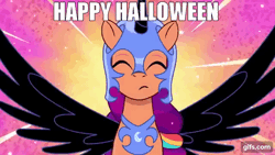 Size: 640x360 | Tagged: safe, edit, edited screencap, screencap, nightmare moon, sunny starscout, earth pony, pony, g5, my little pony: tell your tale, nightmare night party, spoiler:g5, spoiler:my little pony: tell your tale, spoiler:tyts01e30, animated, caption, cosplay, costume, eyes closed, fake horn, fake wings, female, gif, gifs.com, image macro, mane stripe sunny, mare, nightmare moon armor, nightmare night costume, nightmare sunny, spread wings, text, wings