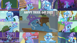Size: 1977x1113 | Tagged: safe, edit, edited screencap, editor:quoterific, screencap, trixie, pony, unicorn, a horse shoe-in, a matter of principals, all bottled up, boast busters, g4, magic duel, no second prances, road to friendship, student counsel, the ending of the end, to change a changeling, to where and back again, uncommon bond, bag, belly, bipedal, cape, chains, clothes, cute, diatrixes, hat, one eye closed, ponyville, saddle bag, trixie's cape, trixie's hat, trixie's wagon, twilight's castle, wagon, wink