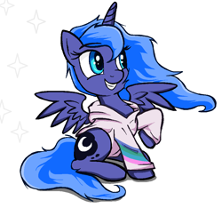 Size: 962x900 | Tagged: safe, artist:sallycars, princess luna, alicorn, pony, g4, clothes, cute, female, filly, filly luna, foal, gritted teeth, hoodie, horn, legitimately amazing mspaint, lunabetes, mare, ms paint, raised hoof, simple background, sitting, smiling, solo, spread wings, stars, teeth, white background, wings, younger