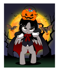 Size: 4112x5000 | Tagged: safe, artist:jhayarr23, bat, pegasus, pony, undead, vampire, bipedal, candy, cape, clothes, commission, fangs, floppy ears, folded wings, food, gerard way, halloween, holiday, jack-o-lantern, looking at you, male, moon, my chemical romance, night, night sky, ponified, pumpkin, pumpkin bucket, sky, solo, stallion, tree, wings, ych result
