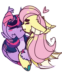 Size: 387x456 | Tagged: safe, artist:lilac-wishes, fluttershy, twilight sparkle, alicorn, bat pony, pegasus, pony, g4, blushing, cute, duo, fangs, female, flutterbat, heart, hybrid wings, kissing, lesbian, race swap, ship:twishy, shipping, shyabates, shyabetes, simple background, transparent background, twiabetes, twilight sparkle (alicorn), wings