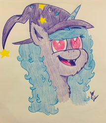 Size: 2974x3461 | Tagged: safe, artist:jesslmc16, izzy moonbow, bat pony, pony, unicorn, g5, bust, chest fluff, clothes, colored, colored pencil drawing, costume, ear fluff, fangs, halloween, halloween costume, hat, high res, holiday, looking at you, nightmare night, nightmare night costume, portrait, smiling, smiling at you, solo, traditional art, witch, witch costume, witch hat