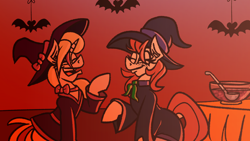Size: 1920x1080 | Tagged: safe, artist:cowsrtasty, oc, oc:melody bash, oc:penny inkwell, halloween, holiday, nightmare night, witch costume
