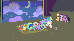Size: 1920x1080 | Tagged: safe, screencap, applejack, gallus, ocellus, princess celestia, sandbar, silverstream, smolder, spike, starlight glimmer, twilight sparkle, yona, alicorn, changedling, changeling, classical hippogriff, dragon, earth pony, griffon, hippogriff, pony, unicorn, yak, g4, horse play, season 8, 1080p, animated, clothes, costume, dragoness, female, friendship student, gif, male, mare, oof, ouch, prosthetic butt, stallion, star swirl the bearded costume, student six, trapdoor, twilight sparkle (alicorn)