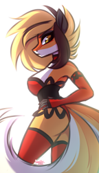 Size: 690x1200 | Tagged: safe, alternate character, alternate version, artist:kannakiller, oc, oc only, oc:rya fox, fox, fox pony, hybrid, anthro, ass, bodysuit, breasts, butt, cheeky panties, choker, clothes, collar, corset, countershading, digital art, double tail, eyelashes, female, frown, gift art, gloves, half body, light, looking at you, looking back, looking back at you, mare, multiple tails, sexy, simple background, sketch, socks, solo, stockings, tail, thigh highs, white background