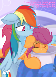 Size: 1582x2160 | Tagged: safe, artist:not_texmex, derpibooru exclusive, rainbow dash, scootaloo, pegasus, pony, g4, backrub, bed, bedroom, blanket, bucket, caring for the sick, dialogue, duo, emetophilia, female, fever, filly, foal, frizzy hair, hug, lying down, nuzzling, pillow, prone, scootalove, sick, sweat, vomit, vomiting, winghug, wings