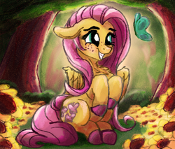 Size: 2000x1700 | Tagged: safe, artist:br0via, fluttershy, butterfly, pegasus, pony, g4, colored hooves, cute, female, floppy ears, flower, forest, freckles, freckleshy, grin, mare, shyabetes, sitting, sitting up, smiling, solo, sunflower