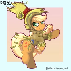Size: 1080x1080 | Tagged: safe, artist:flutterpawss, applejack, earth pony, pony, g4, abstract background, clothes, female, freckles, hat, inktober 2022, mare, rearing, scarecrow, smiling, solo