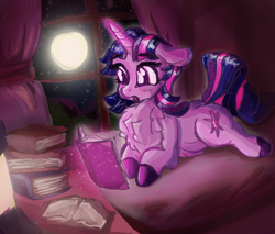Size: 2350x2000 | Tagged: safe, artist:br0via, twilight sparkle, pony, unicorn, g4, book, bookhorse, chest fluff, cute, floppy ears, full moon, high res, lying down, moon, night, prone, reading, solo, sploot, twiabetes