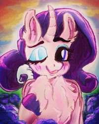 Size: 1080x1350 | Tagged: safe, artist:br0via, rarity, pony, unicorn, g4, blushing, chest fluff, colored hooves, cute, ear fluff, female, mare, one eye closed, raribetes, smiling, solo